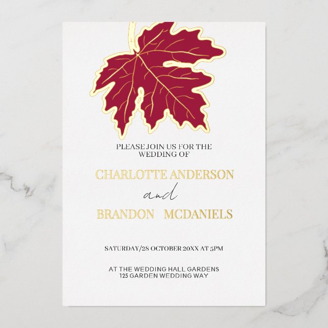 Red Autumn Maple Leaf Wedding Gold   (Front)