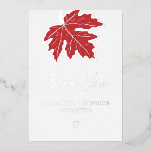 Red Autumn Maple Leaf Wedding Thank You Silver
