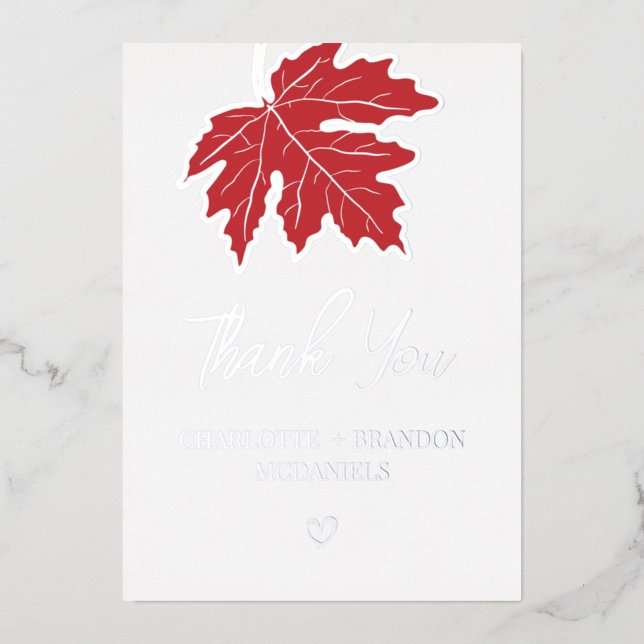 Red Autumn Maple Leaf Wedding Thank You Silver  (Front)