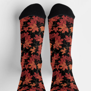 Red Autumn maple leaves on black Socks