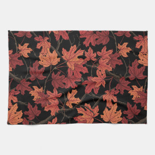 Red Autumn maple leaves on black Tea Towel