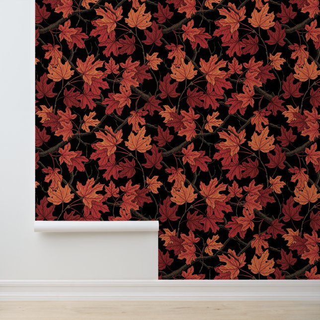 Red Autumn maple leaves on black Wallpaper (Application)