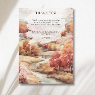 Red Autumn River Forest Fall Wedding Thank You Announcement