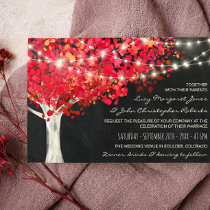 Red Autumn Tree & String Lights Wedding Invitation