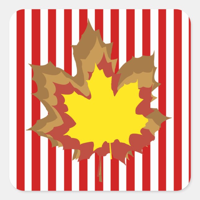 Red Autumnal Stripes with Leaves Square Sticker (Front)