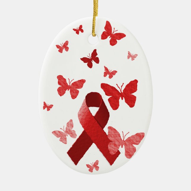 Red Awareness Ribbon Ceramic Tree Decoration (Front)