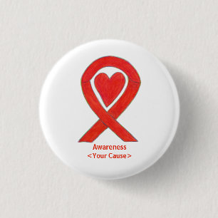 Red Awareness Ribbon with Heart Custom Art Pins