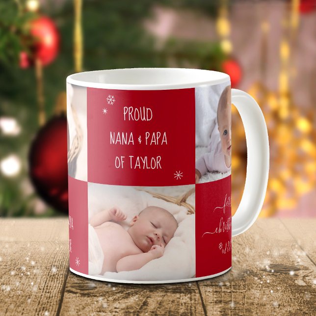 Red Baby 4 Photo First Christmas Grandparents Name Coffee Mug (Creator Uploaded)