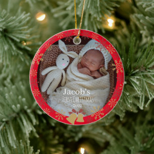 Red Baby Christmas photo snowflake Ceramic Tree Decoration