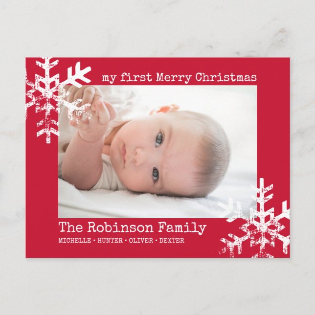 Red Baby Holiday First Christmas Photo Snowflakes Postcard (Front)
