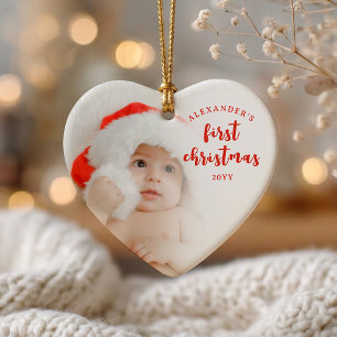 Red Baby’s First Christmas Photo Heart Ceramic Tree Decoration