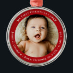 Red Baby's First Christmas 1 photo Birth date Metal Tree Decoration<br><div class="desc">Celebrate your little one's first holiday with this Red Baby's First Christmas 1-Photo Birth Date Holiday Ornament. This adorable keepsake features a space to personalise with your baby's photo and birth date, making it a cherished memory to hang on your Christmas tree year after year. The classic red design and...</div>
