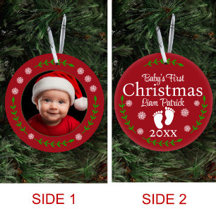 Red Babys First Christmas Photo Snowflake & Laurel Ceramic Tree Decoration