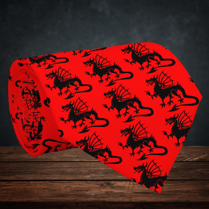 Red Background Black Welsh Dragon Silhouette Tie
