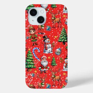 Red Background Christmas Decorative Pattern iPhone 15 Case
