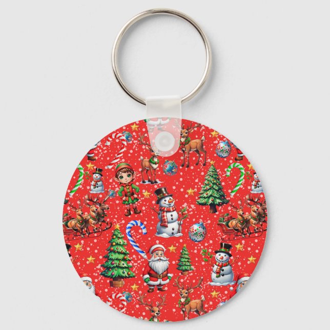 Red Background Christmas Decorative Pattern Key Ring (Front)