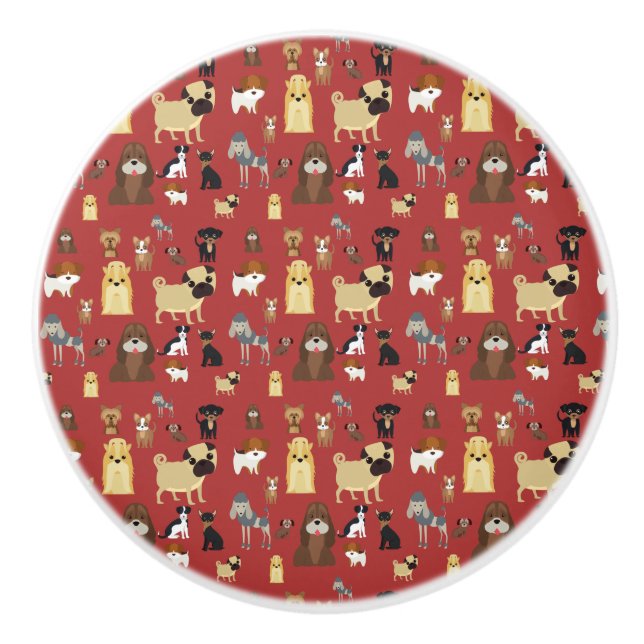 red background dogs pattern ceramic knob (Front)
