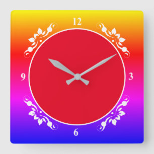 Red Background & Multi-Coloured Clock Face Sq Cloc
