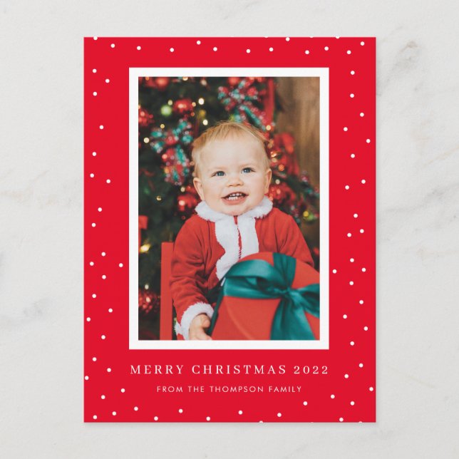 Red Background Polka Dot Photo Christmas Postcard (Front)