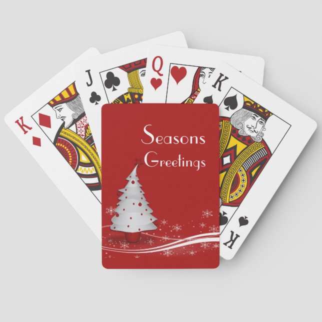 Red Background & White Christmas Tree Playing Cards (Back)