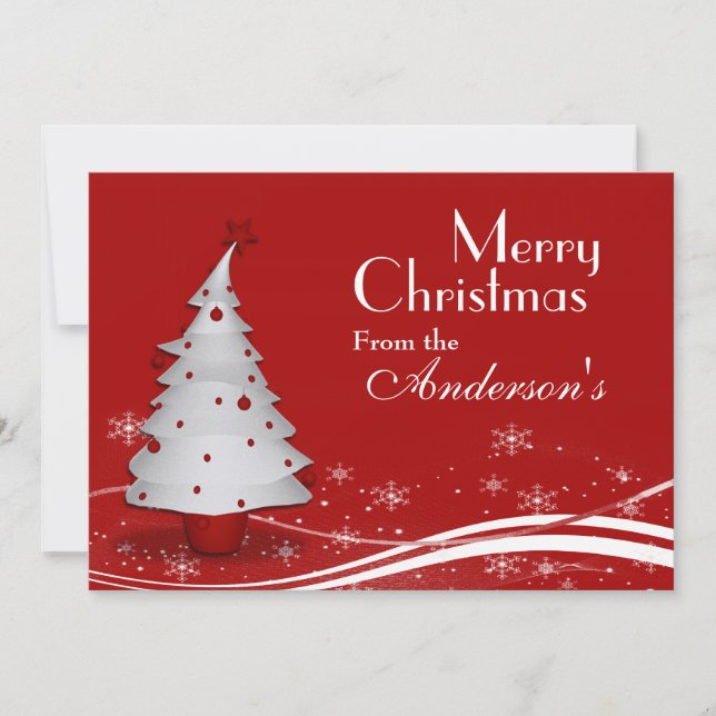 Red Background & White Tree Christmas Greeting Holiday Card (Front)