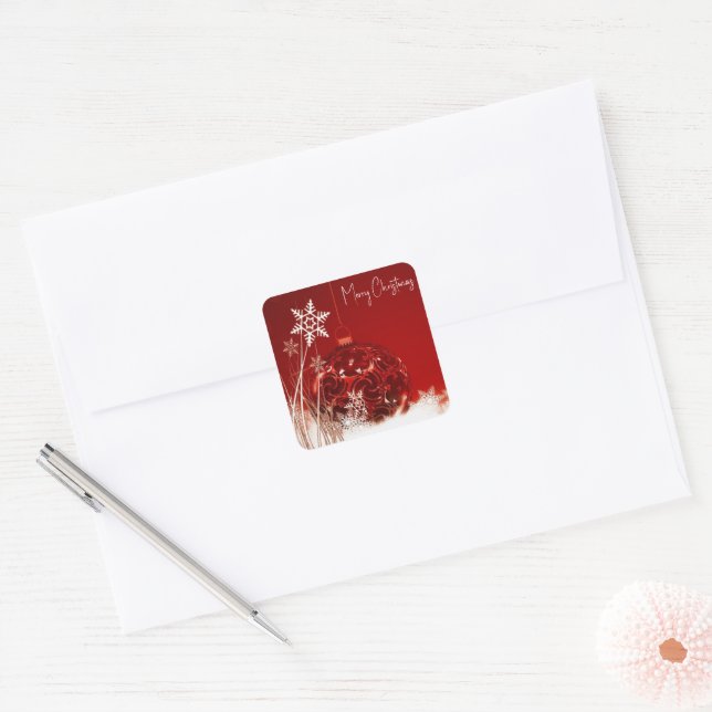 Red Background With Christmas Ball Square Sticker (Envelope)