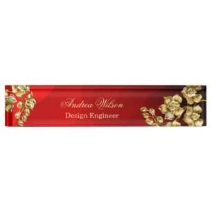 Red background with gold roses personalized nameplate