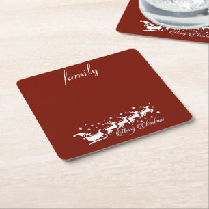 Red Background with Santa Claus and Reindeer Square Paper Coaster