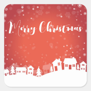 Red Background with Snowflakes and Houses Square Sticker