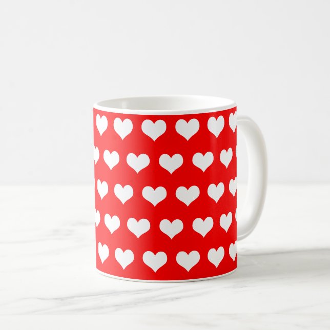 Red background with white hearts coffee mug (Front Right)
