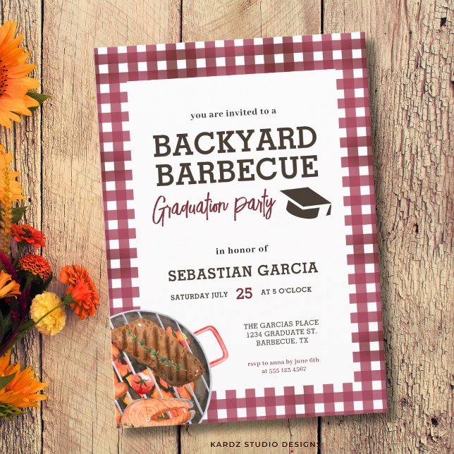 Red Backyard Barbecue Graduation Party Invitation (The front of the invitation is shown at a 5x7 inch size. Choose size, paper, + corner style.)