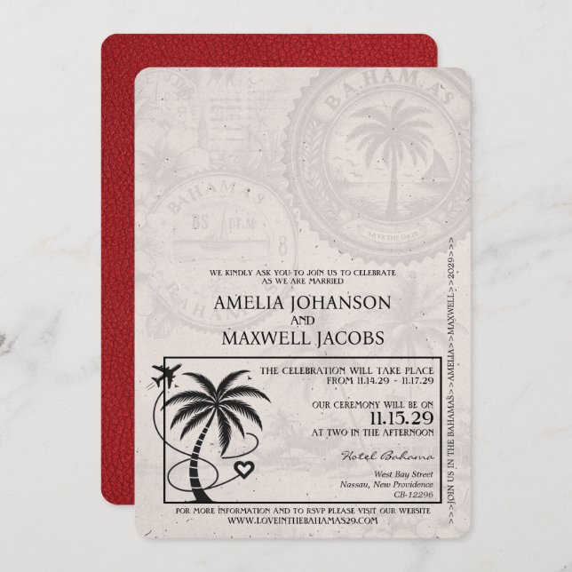 Red Bahamas Passport Wedding Invitation (Front/Back)