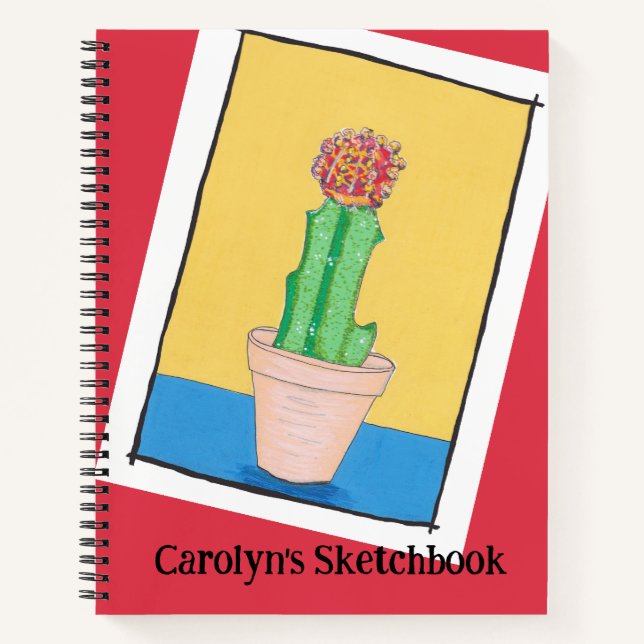 Red ball cactus in a pot, personalised sketchbook notebook (Front)