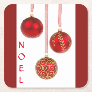 Red Ball Christmas Ornaments Square Paper Coaster