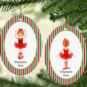 Red Ballerina Stripes Personalised Christmas Ceramic Tree Decoration