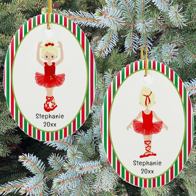 Red Ballerina Stripes Personalised Christmas Ceramic Tree Decoration (Red Ballerina Stripes Personalized Christmas Ceramic Ornament)