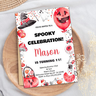 Red Ballon Halloween Birthday Invitations