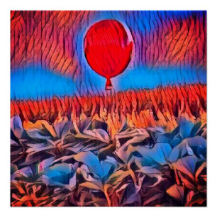 Red balloon blue house garden art poster