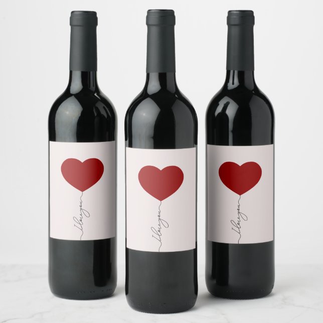Red Balloon Heart Pink Background  Wine Label (Bottles)