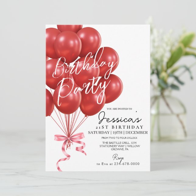 Red Balloon Script  Modern Birthday Party Invitation (Standing Front)