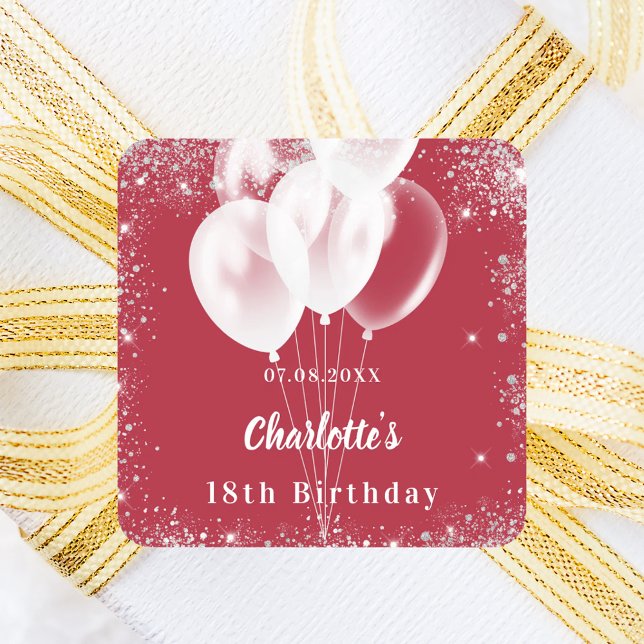 Red balloons white birthday party square sticker (Creator Uploaded)