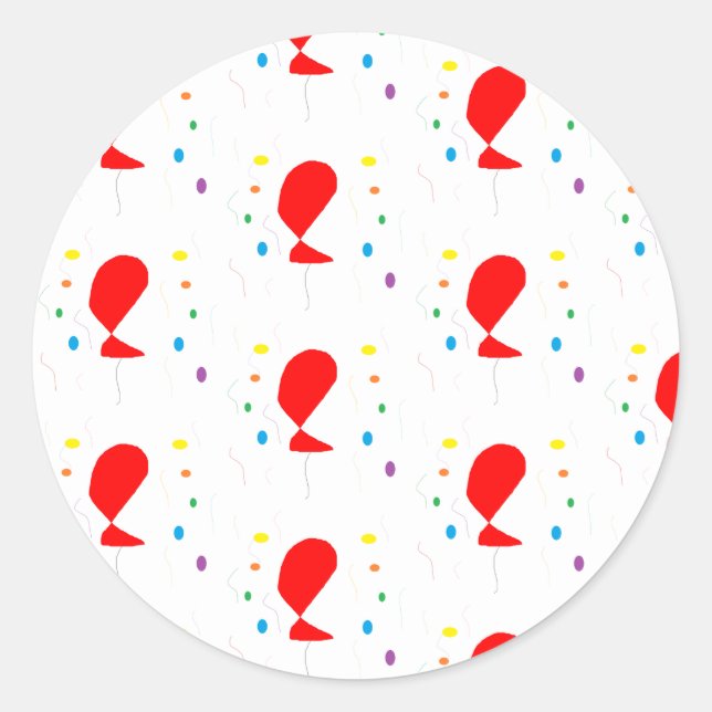 Red balloons with colourful confetti pattern classic round sticker (Front)