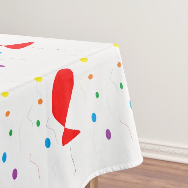 Red balloons with colourful confetti pattern tablecloth (In Situ)
