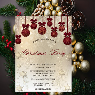 Red Balls,Bow Snowflakes Gold Christmas Invitation