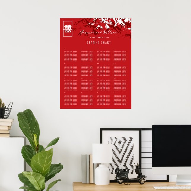 Red Bamboo Leaves Chinese Wedding Seating Chart (Home Office)