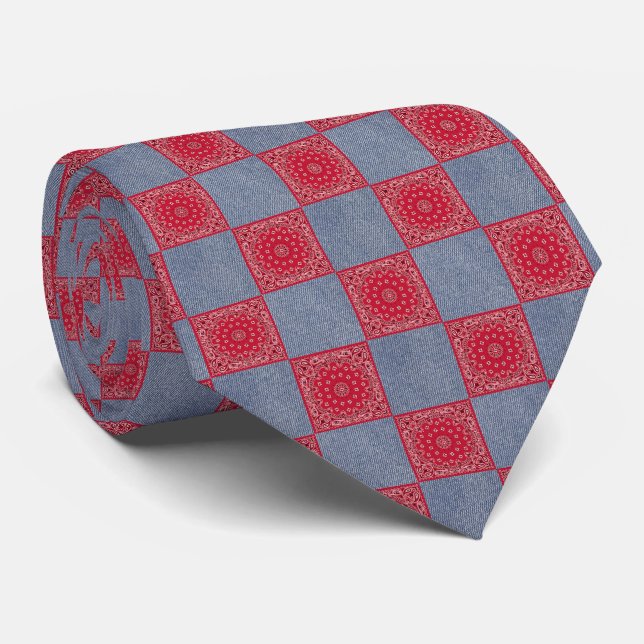 Red Bandana and Denim Block Print Tie (Rolled)