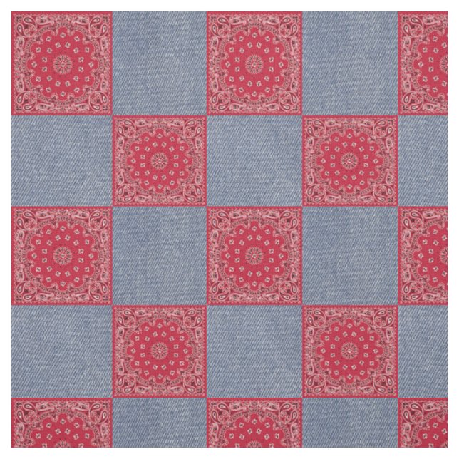 Red Bandanna And Denim Print Fabric (Swatch)