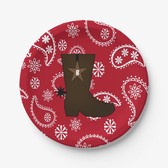 Red Bandanna Cowboy Boot Paper Plates (Front)