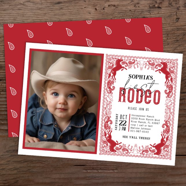 Red Bandanna First Rodeo Photo Invitation – Cowboy (Red Redo Birthday Party Invite)