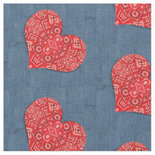 Red Bandanna Heart Denim Combo Fabric